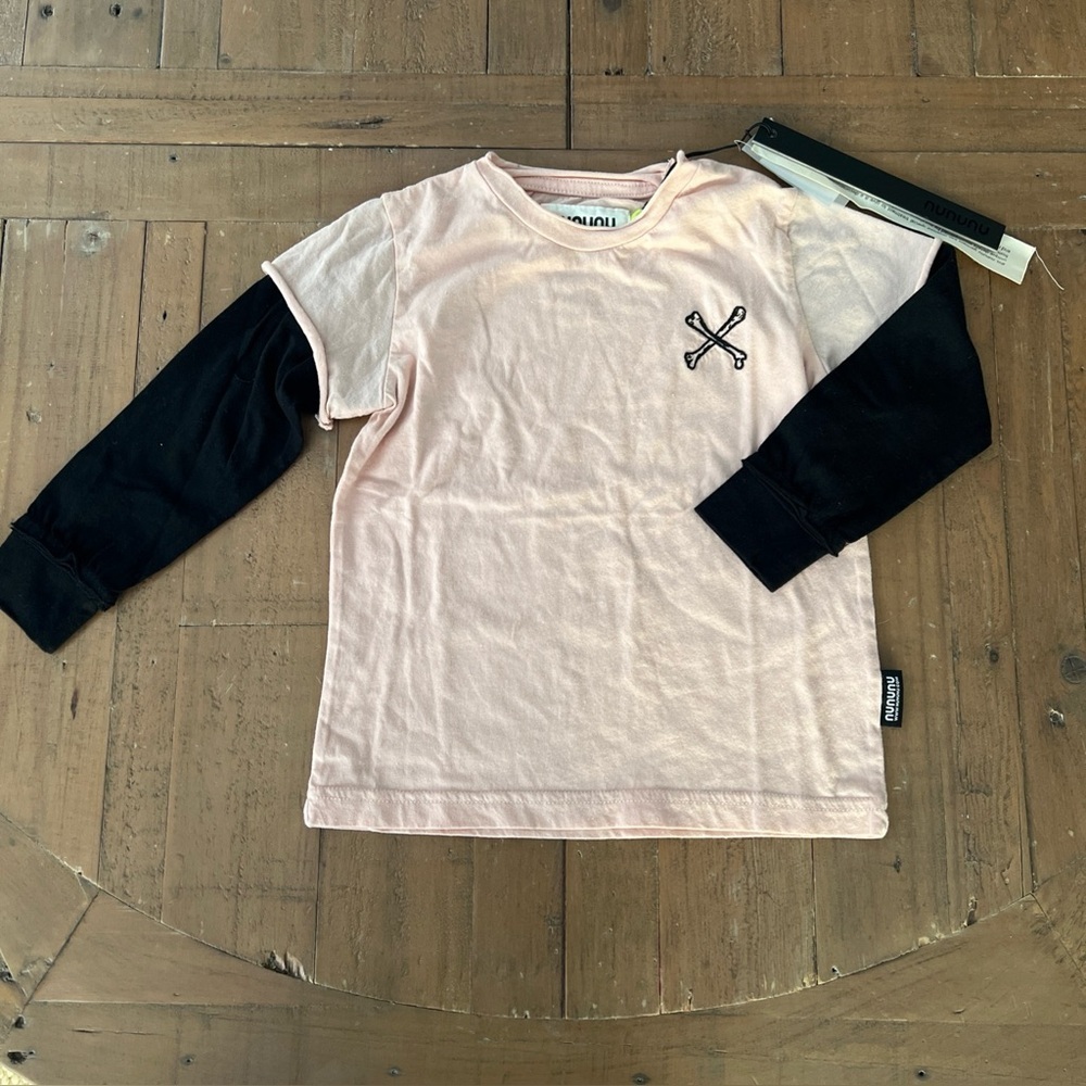 Nununu Attention Pink And Black Layered Long Sleeve Tee Kids 2-3 Years New Skull